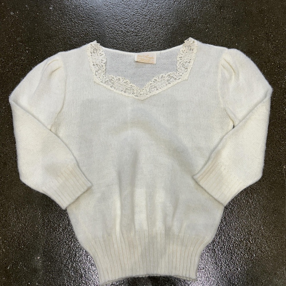 White Lace Trim Sweater Womens XS Puff Sleeve Knit V Neck 3/4 Sleeve‎ Pullover